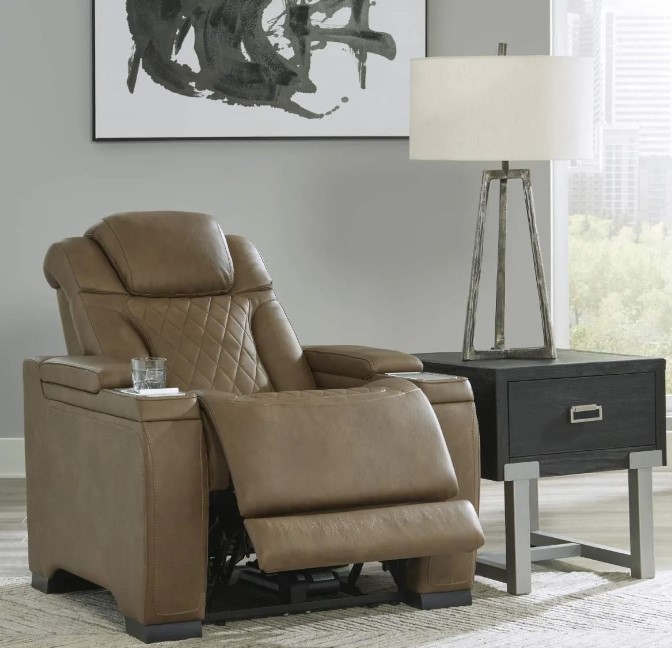 Brown leather recliner in a posh, modern living room