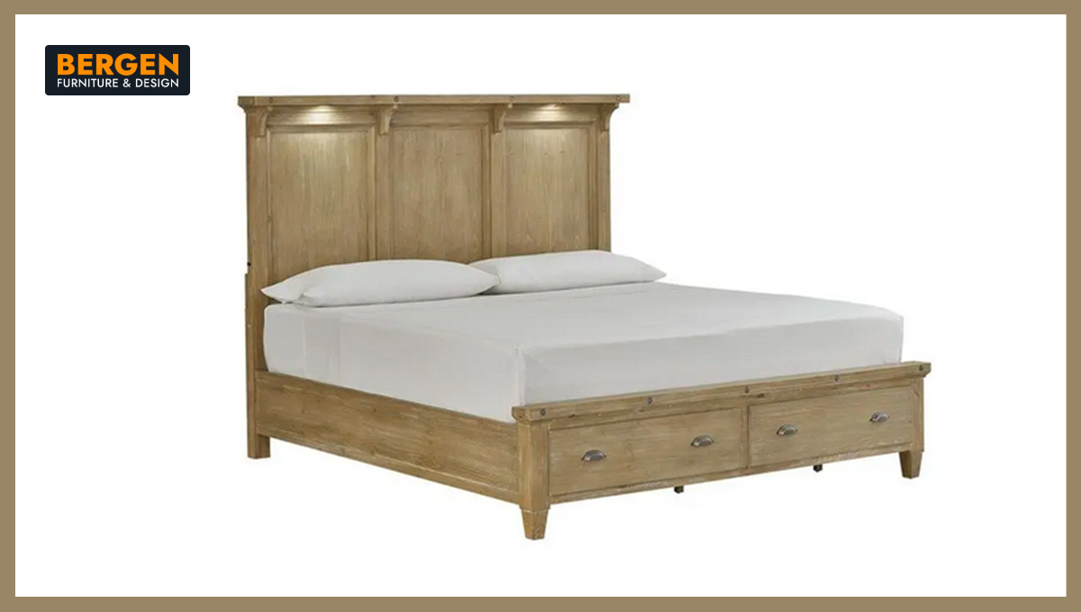 A Bergen Furniture & Design ad featuring a bed