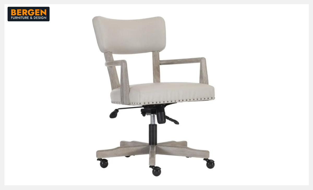 A Bergen Furniture & Design ad featuring an upholstered office chair