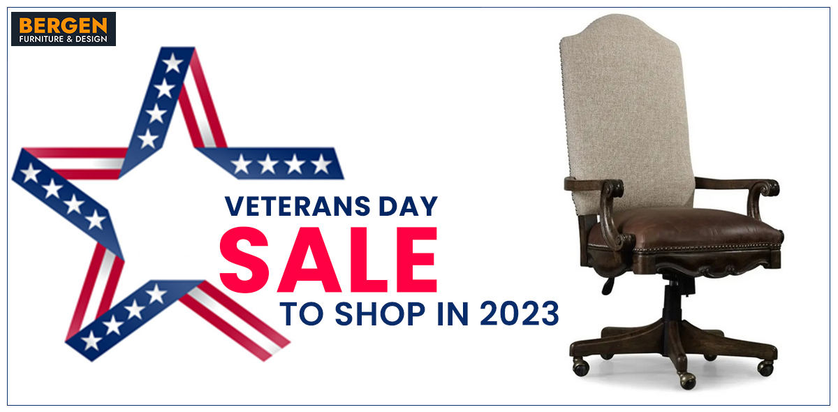 A Bergen Furniture & Design Veterans' Day 2023 ad featuring an office chair