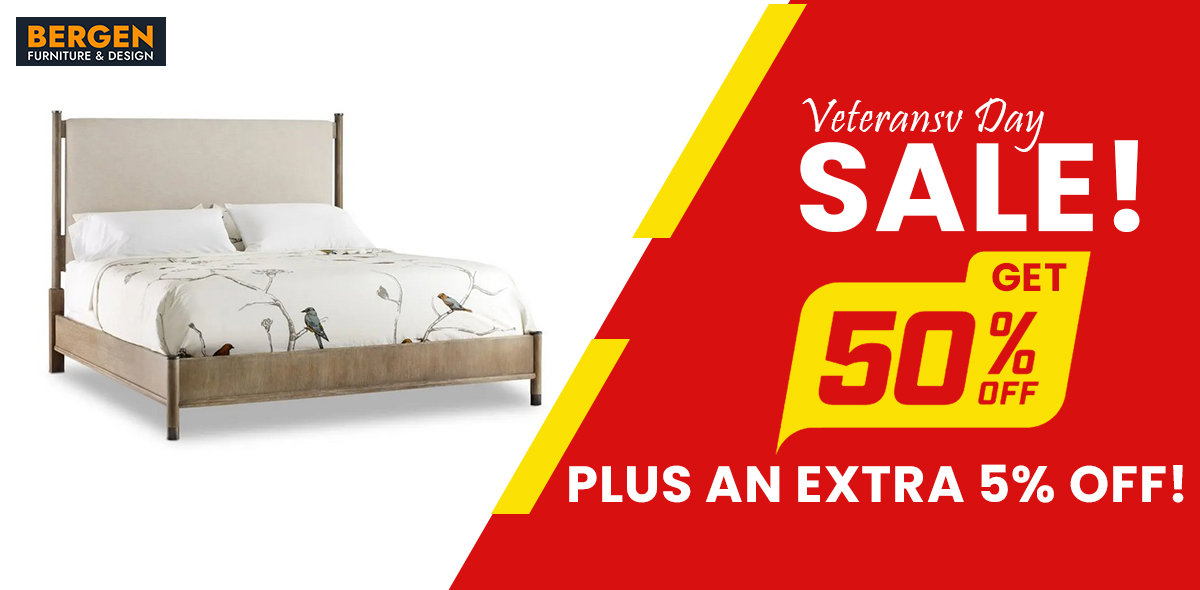 A Bergen Furniture & Design Veterans' Day 2023 ad featuring a bed