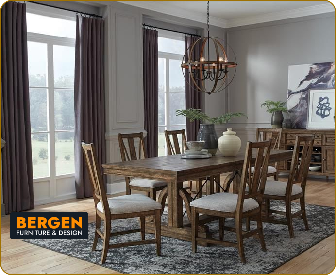 A Bergen Furniture & Design graphic featuring dining room furniture