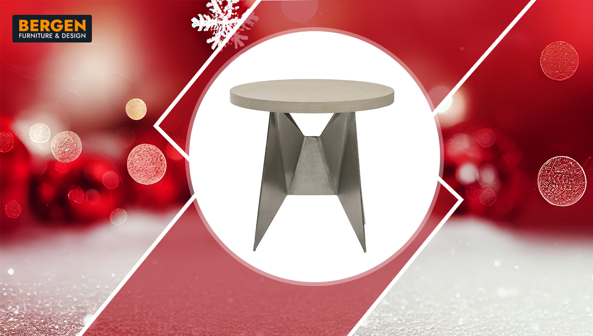 A Bergen Furniture & Design Christmas-themed ad featuring a side table