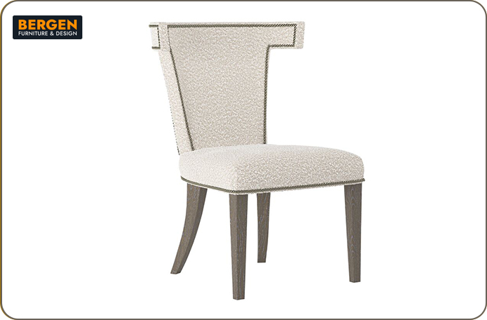 A Bergen Furniture & Design ad featuring a dining room chair 