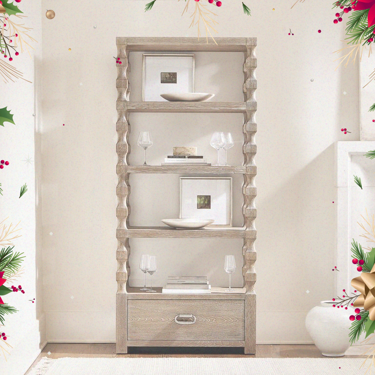 A Bergen Furniture & Design holiday-themed ad featuring a shelf and decor