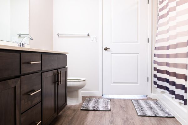 A bathroom with laminate flooring 