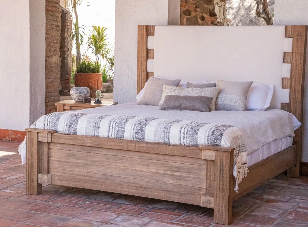 The International Furniture Berlin collection headboard featured with blue and white bedding 