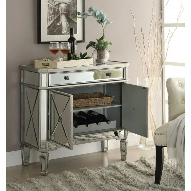 The Coaster Accent Racks mirror wine cabinet with its doors open showing wine bottles inside 