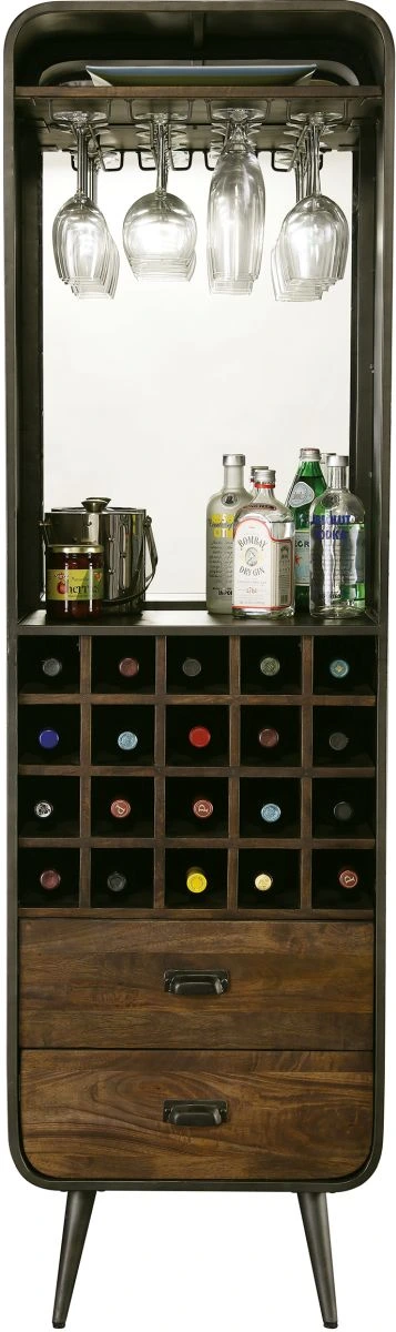 Front view of the Howard Miller Aged wine cabinet with a collection of wines, elixirs, and drinkware 
