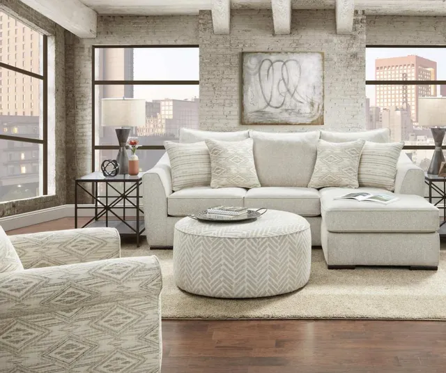 The Fusion Furniture Vivian cocktail ottoman with matching collection sofa and armchair 