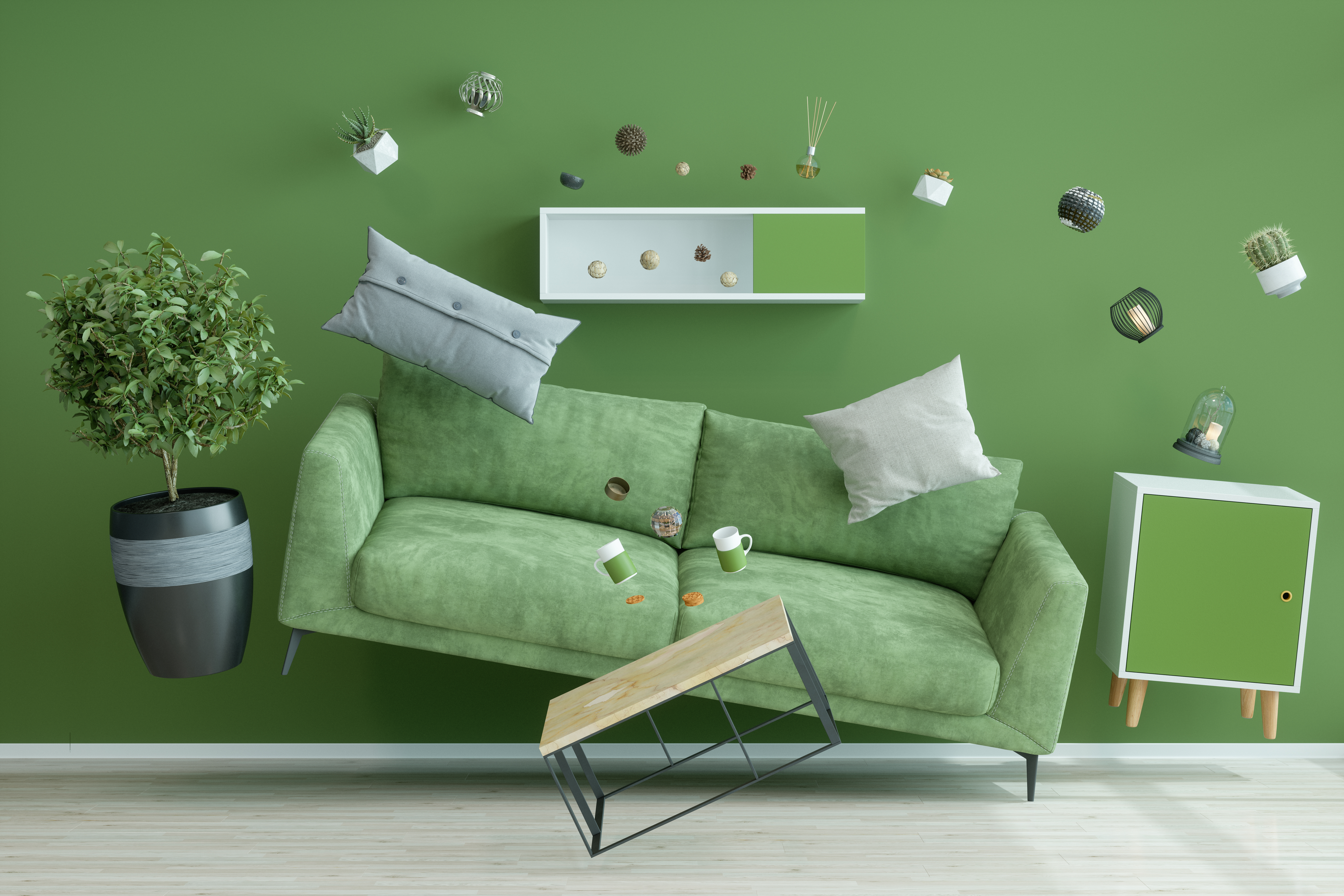 Green furniture and accessories floating around against a green wall 