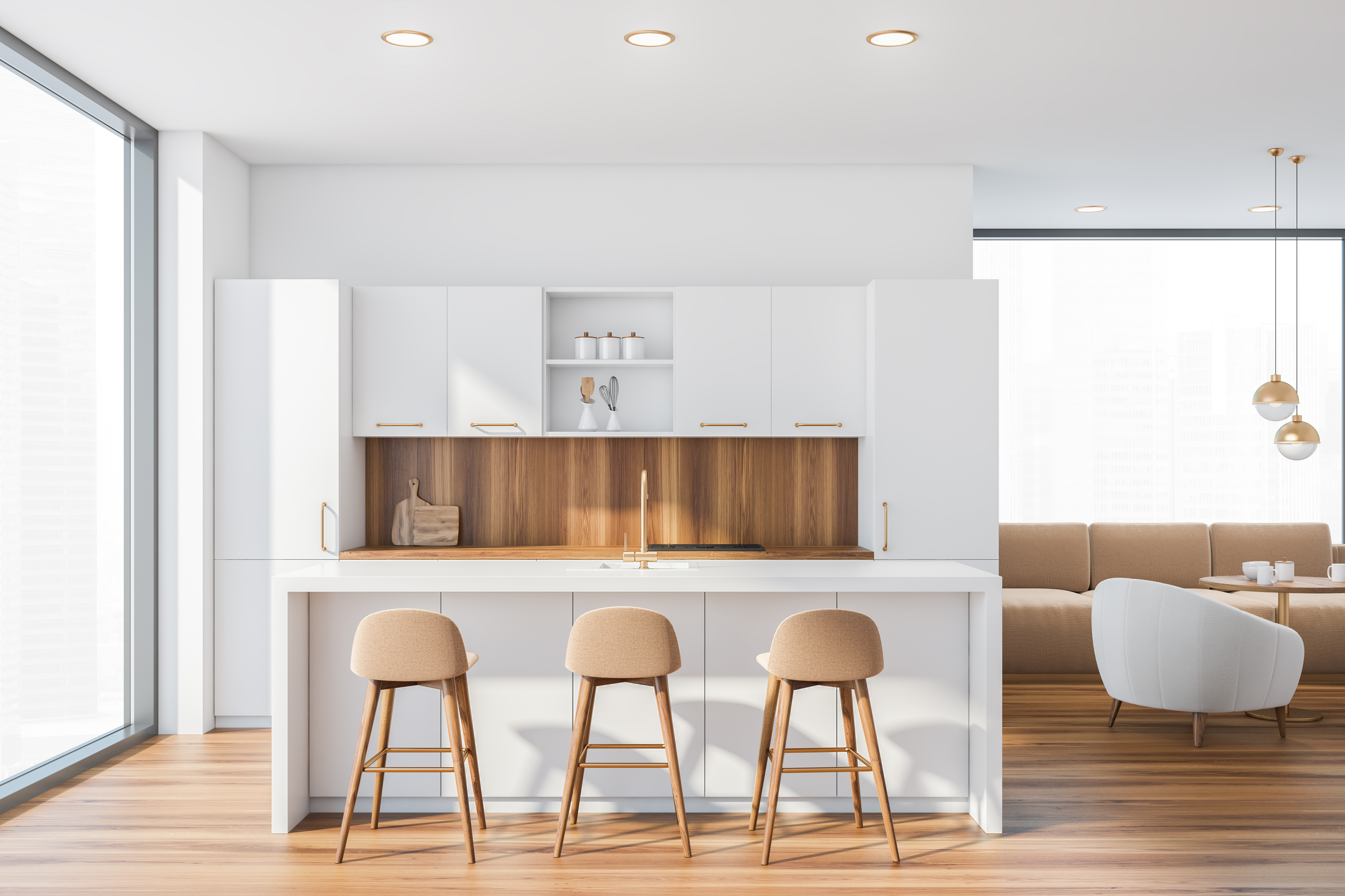 Three bar stools with backs placed beneath a white kitchen island 