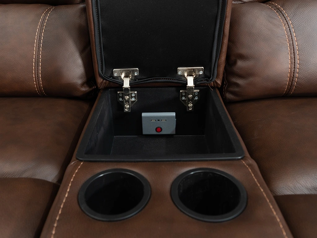 A look at the storage console on the Caselli Poppy power reclining leather sectional 