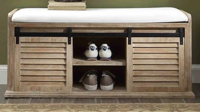Crestview Collection storage bench with louvered barn-style doors and upholstered seating 
