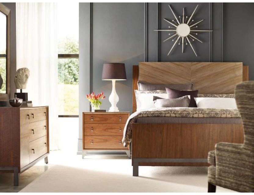 The American Drew AD Modern Synergy bed with matching bedroom pieces 