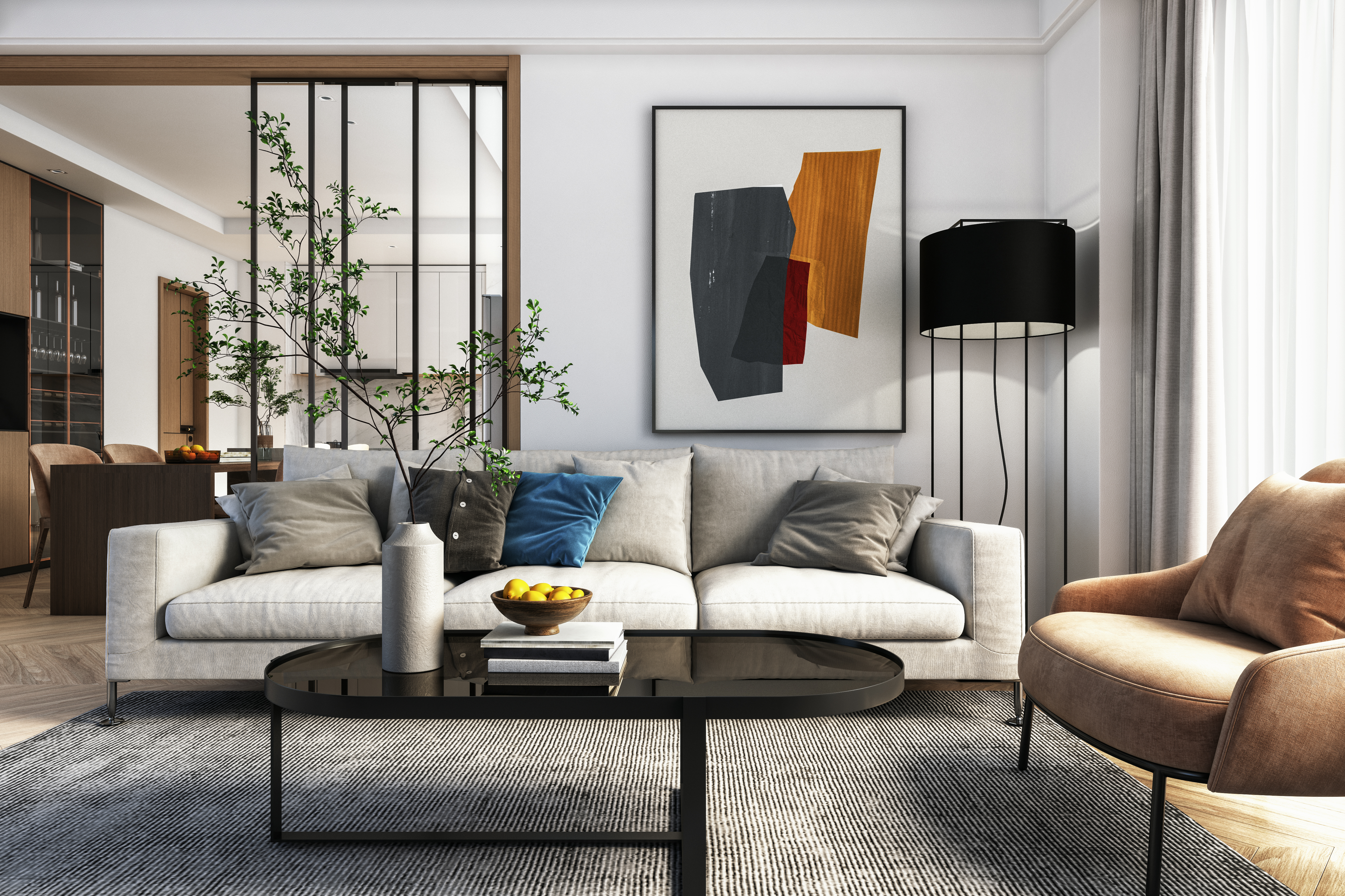 A designer living room featuring a grey sofa and brown accent chair 