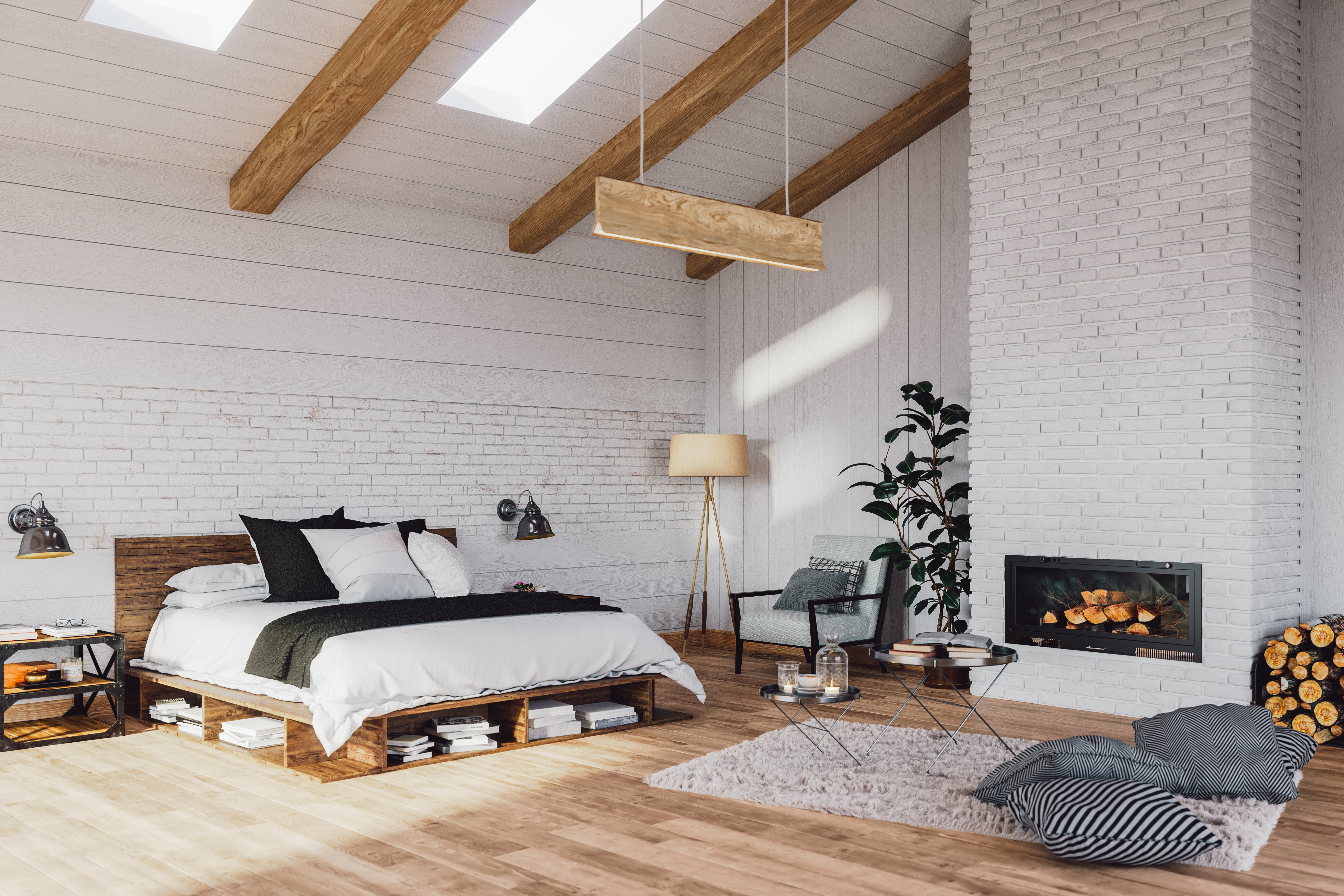 A farmhouse-style bedroom with a wooden panel storage bed, accent chair, and décor 