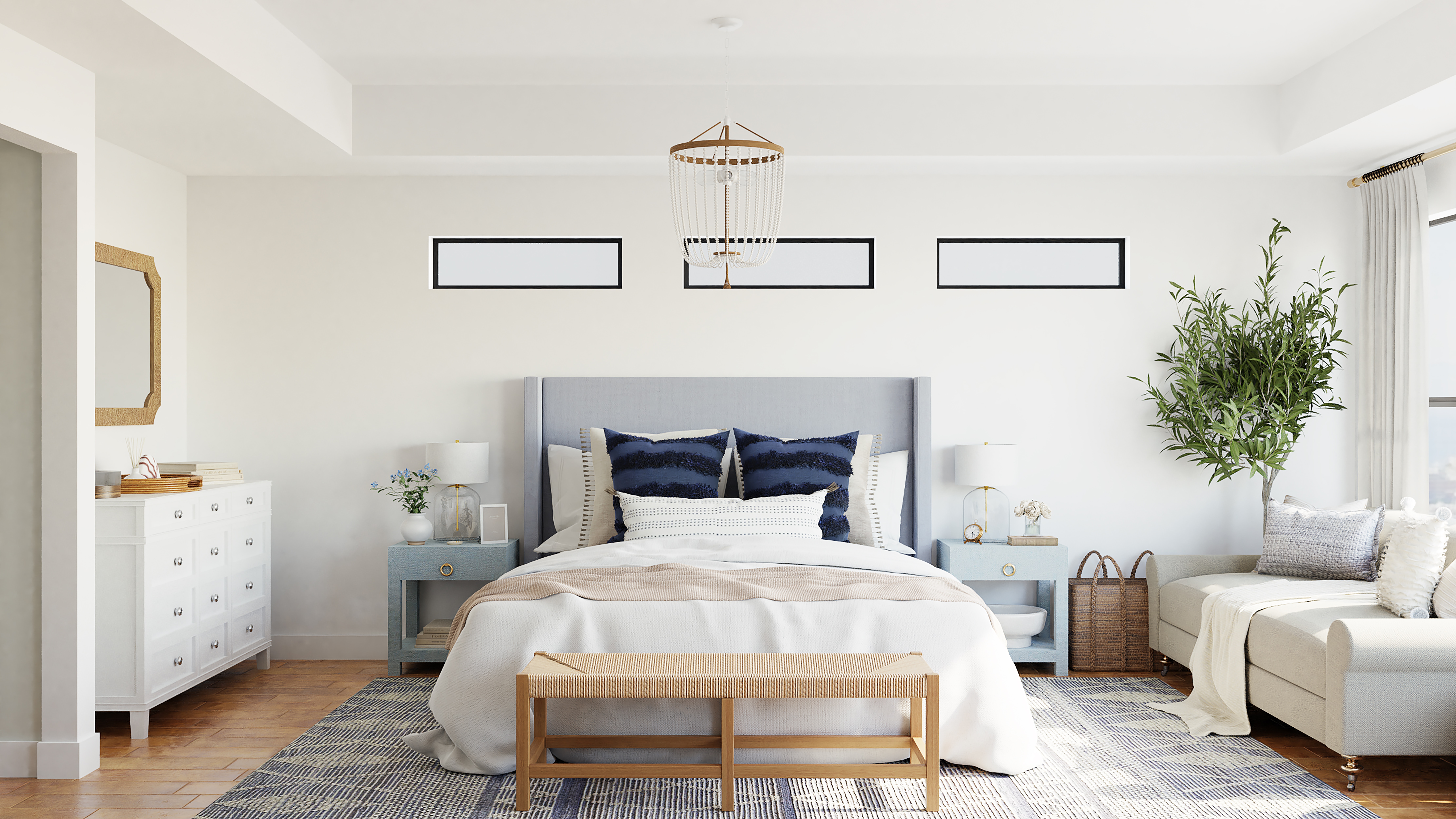 A bright and airy bedroom utilizing many of the principles of feng shui
