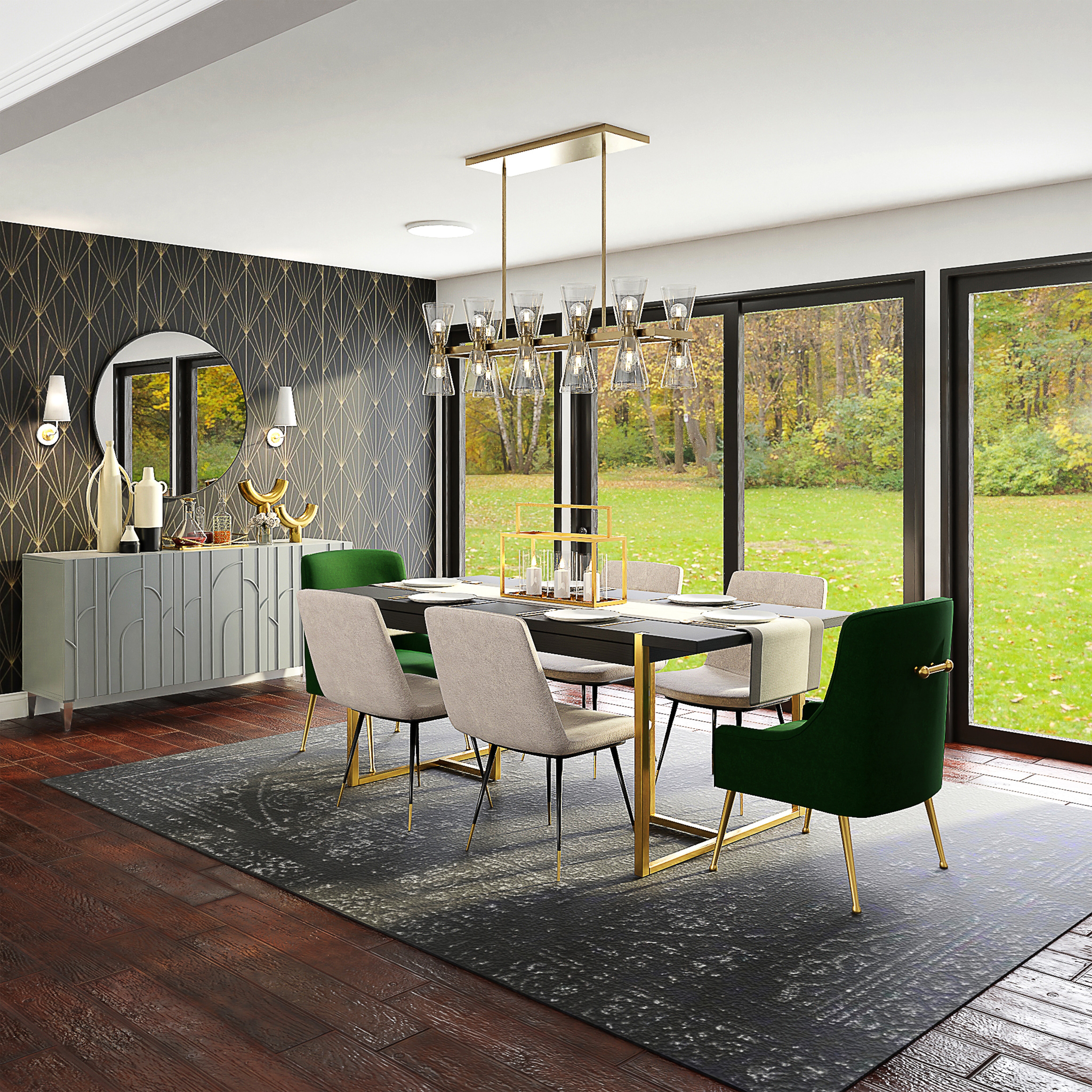 Modern and mid-century modern dining room furniture is featured in a dining room with floor length mirrors