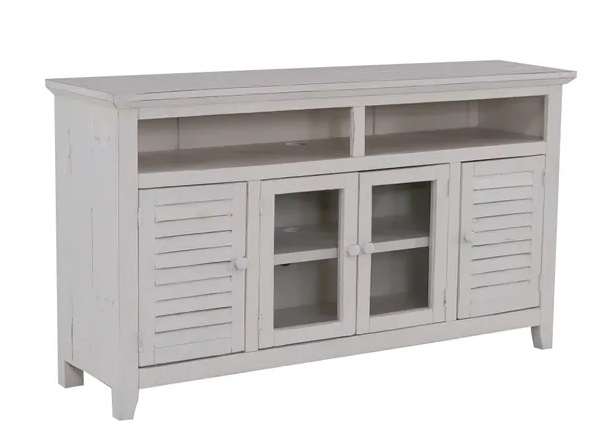 Isaac collection 60-inch console with louvered doors and glass insets 