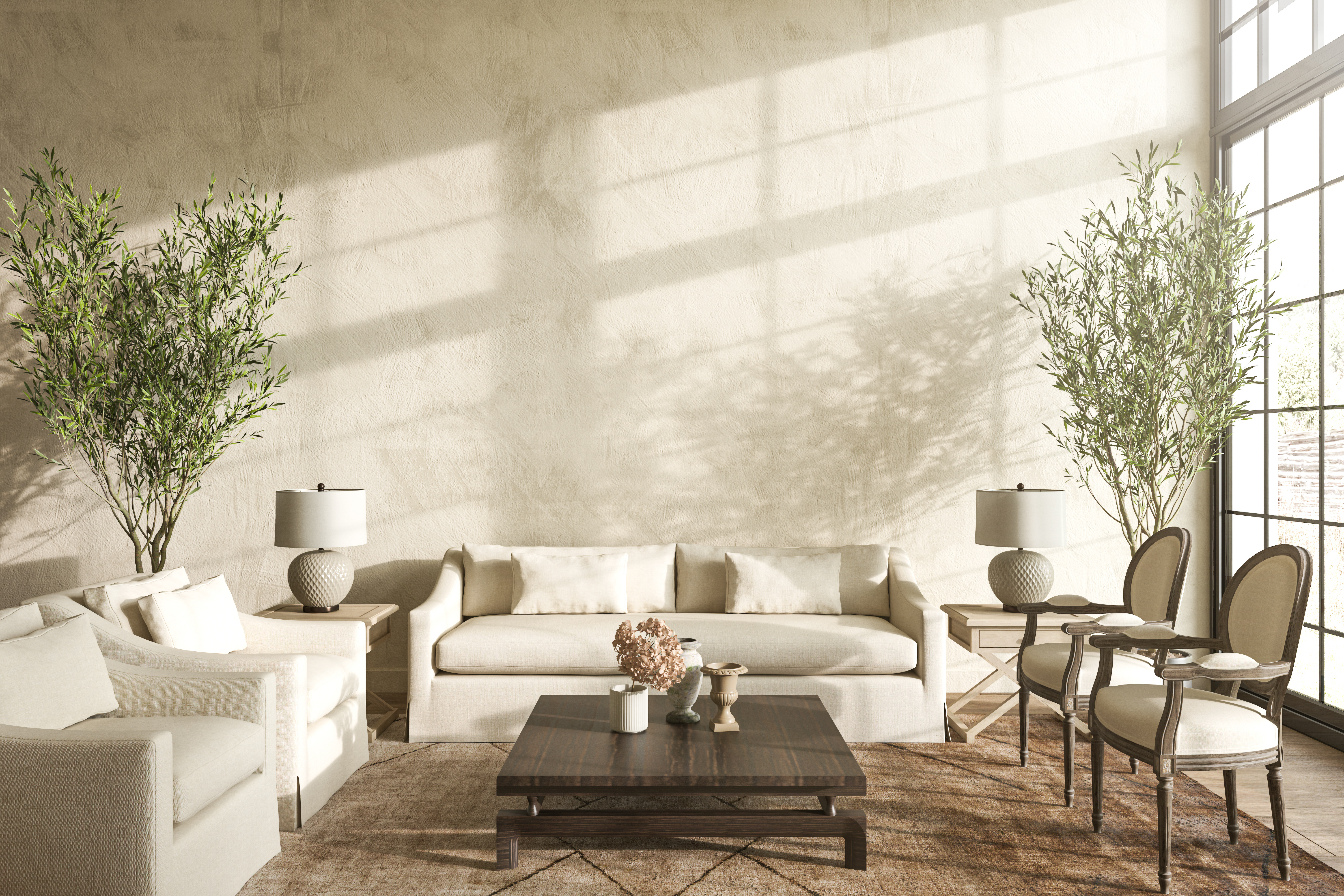 A beige and wood living room set 