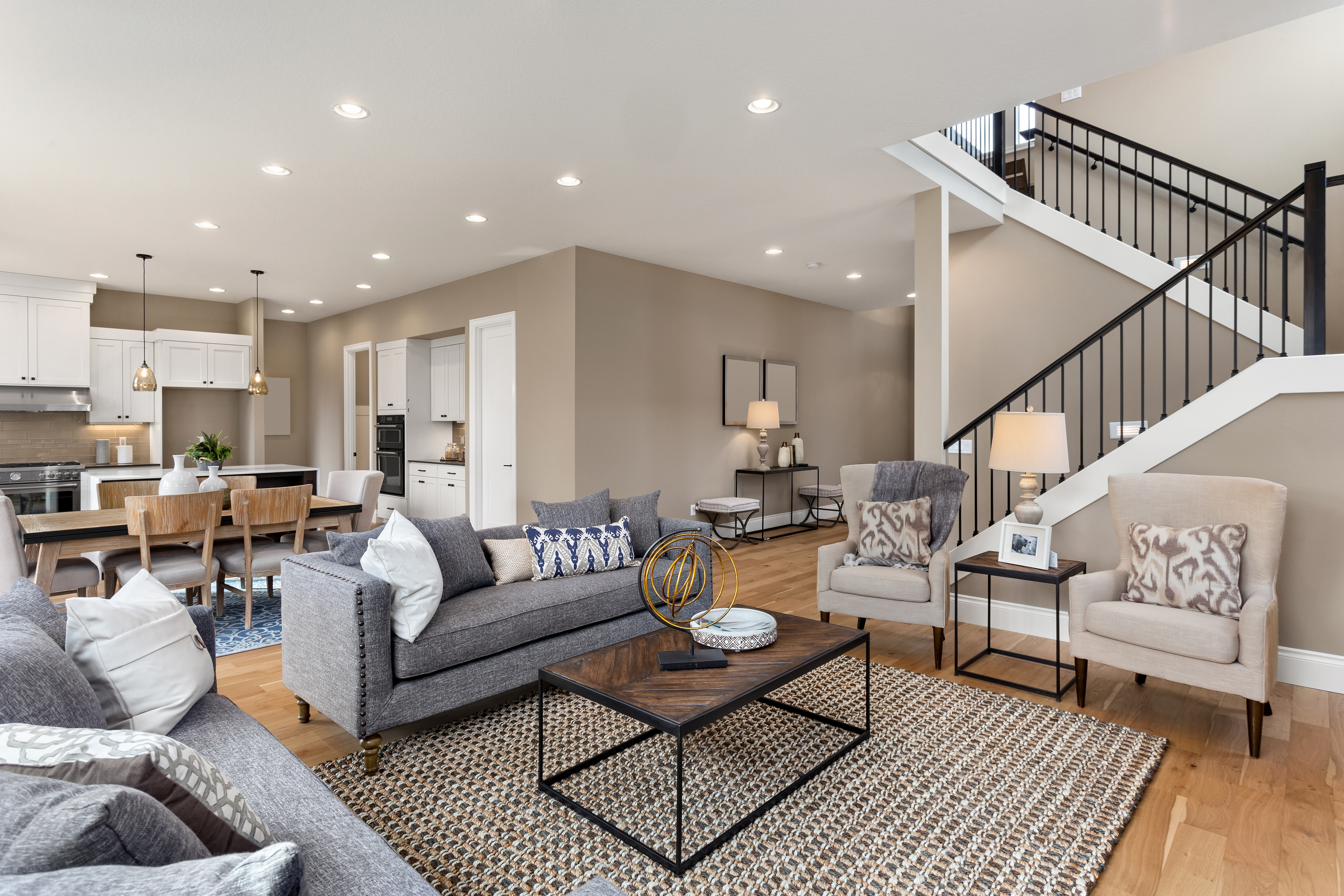 A living room and kitchen with contemporary home furniture