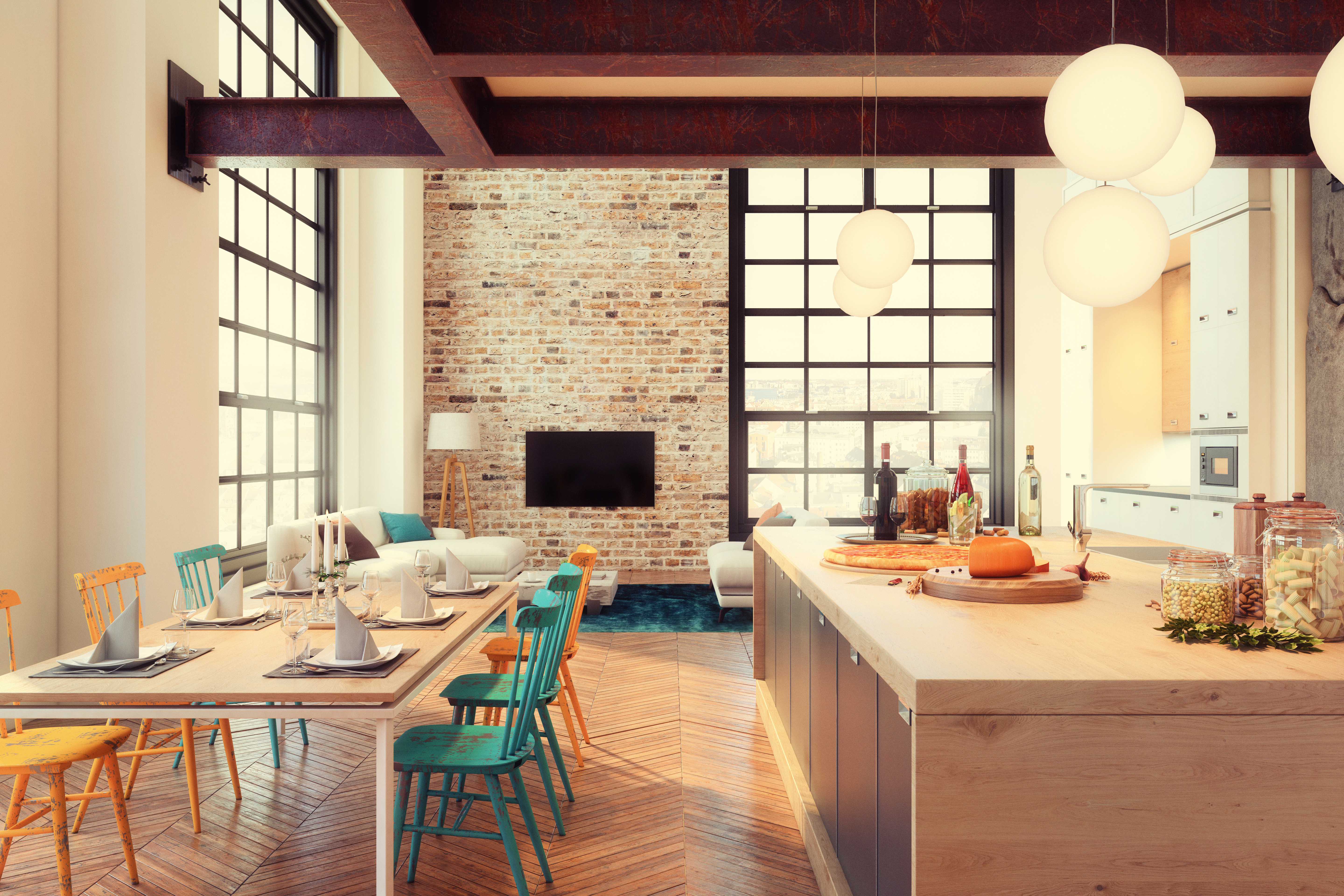 Wide shot of a modern farmhouse inspired kitchen 