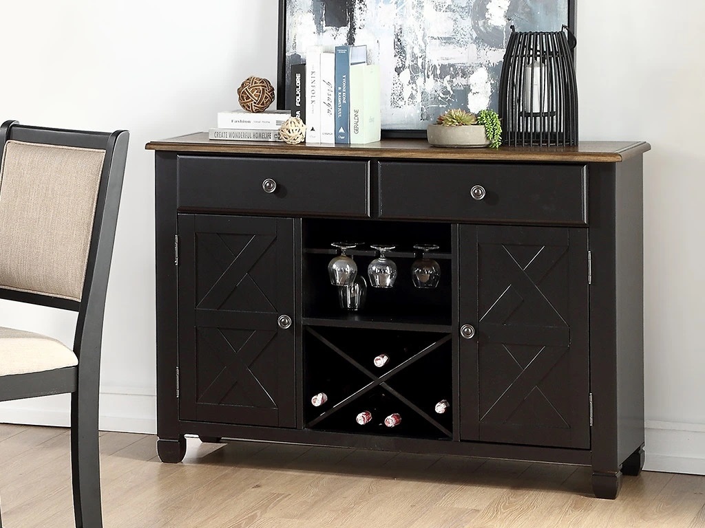Prairie Collection dining room sideboard with crossbuck etching and a black finish 