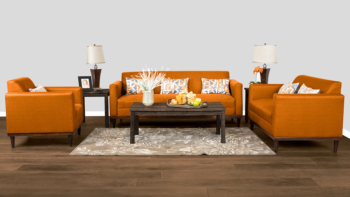 New Classic orange couch and wood coffee table