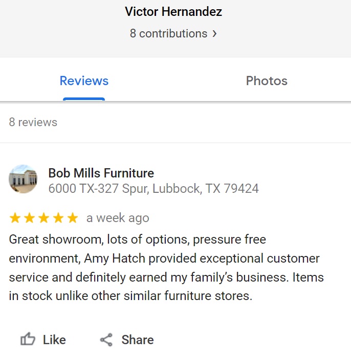 Customer review from Victor Hernandez for Bob Mills Furniture 