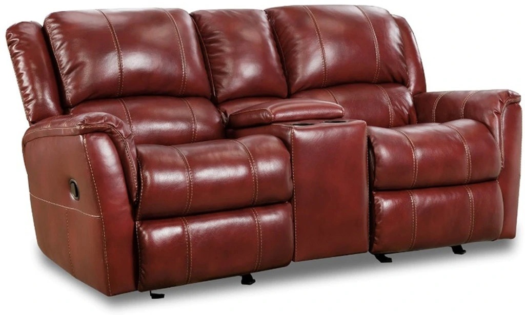 Front view of Homestretch Gentry reclining loveseat in red faux leather upholstery 