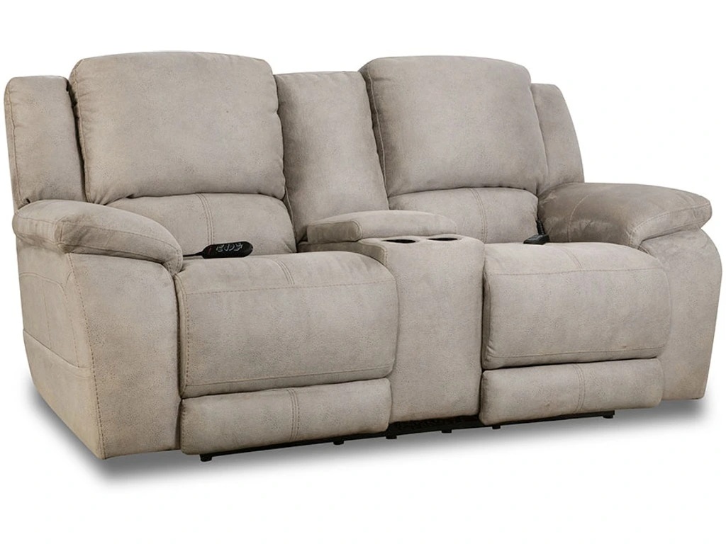 Front view of Homestretch Nichols triple reclining loveseat in a taupe finish 