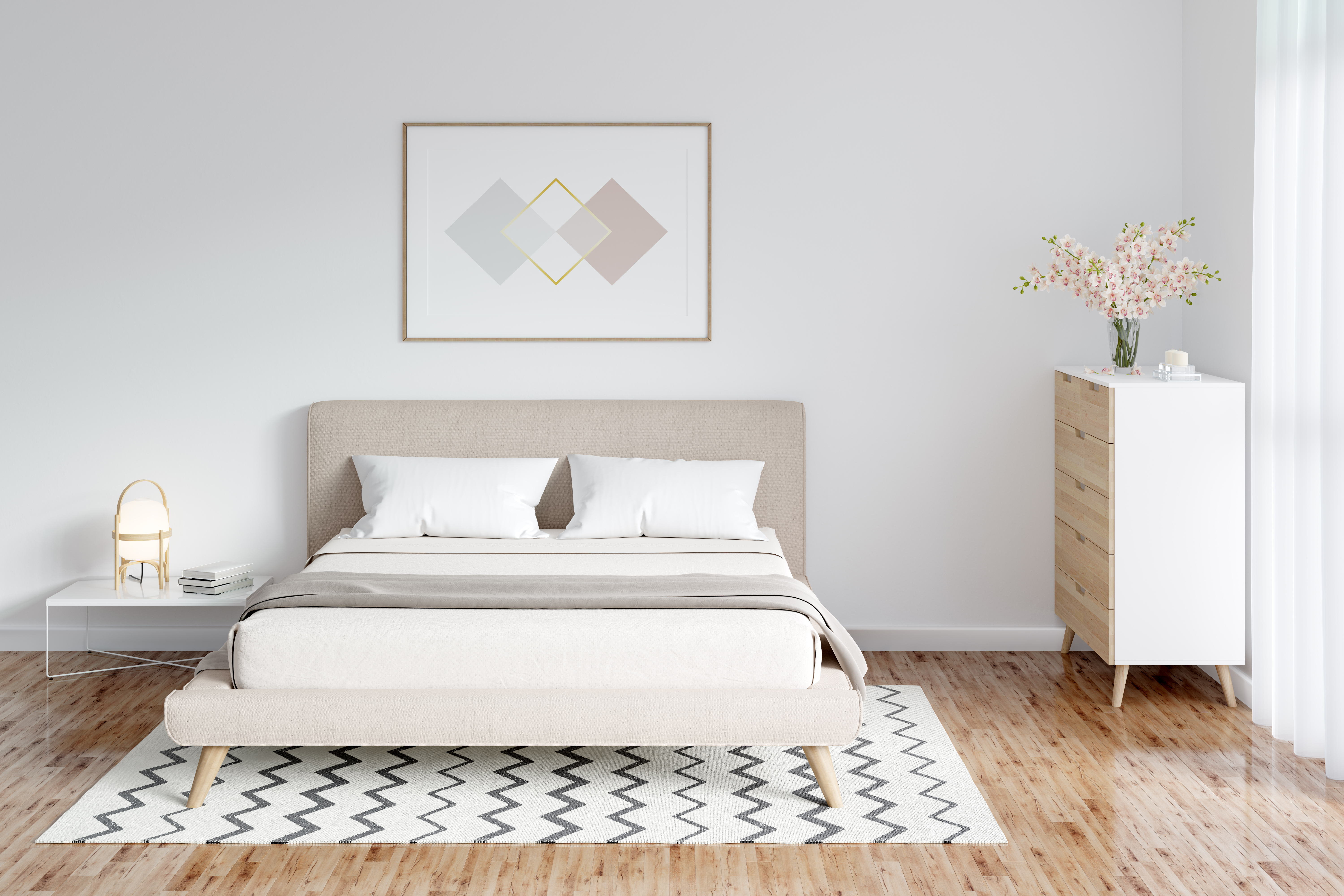 A bedroom with a white chevron area rug, a two-tone white dresser, and white nightstand 