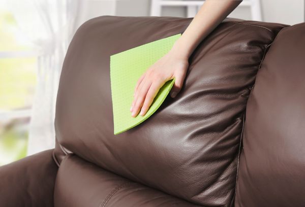 A person cleaning a leather sofa 