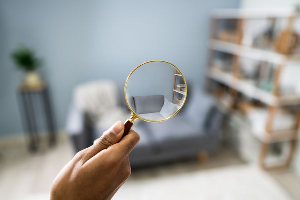A view of a gray sofa through a magnifying lens 
