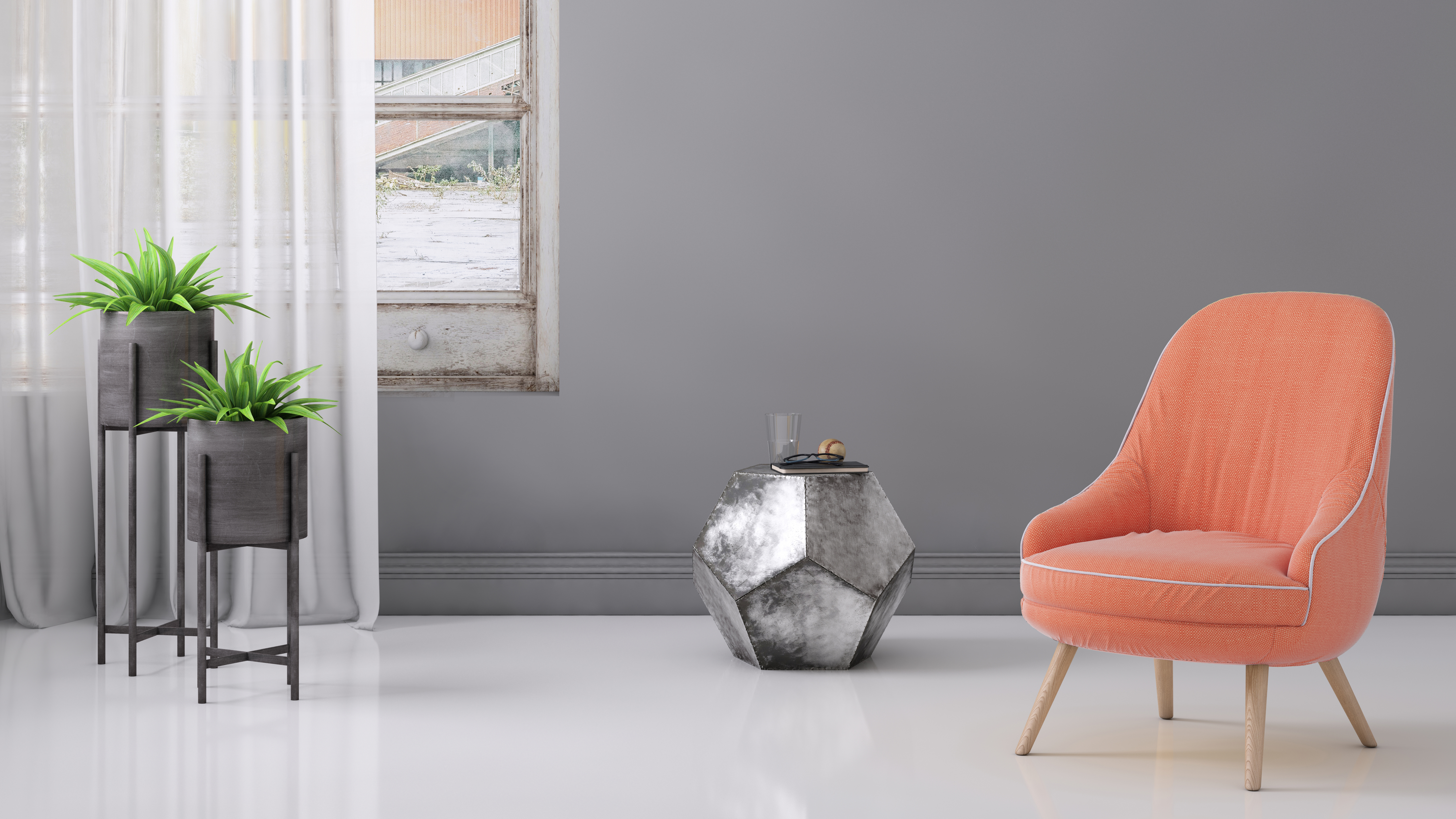 A pink accent chair with metallic and concrete décor 