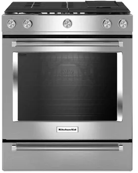Front view of the KitchenAid KSDB900ESS dual fuel range 
