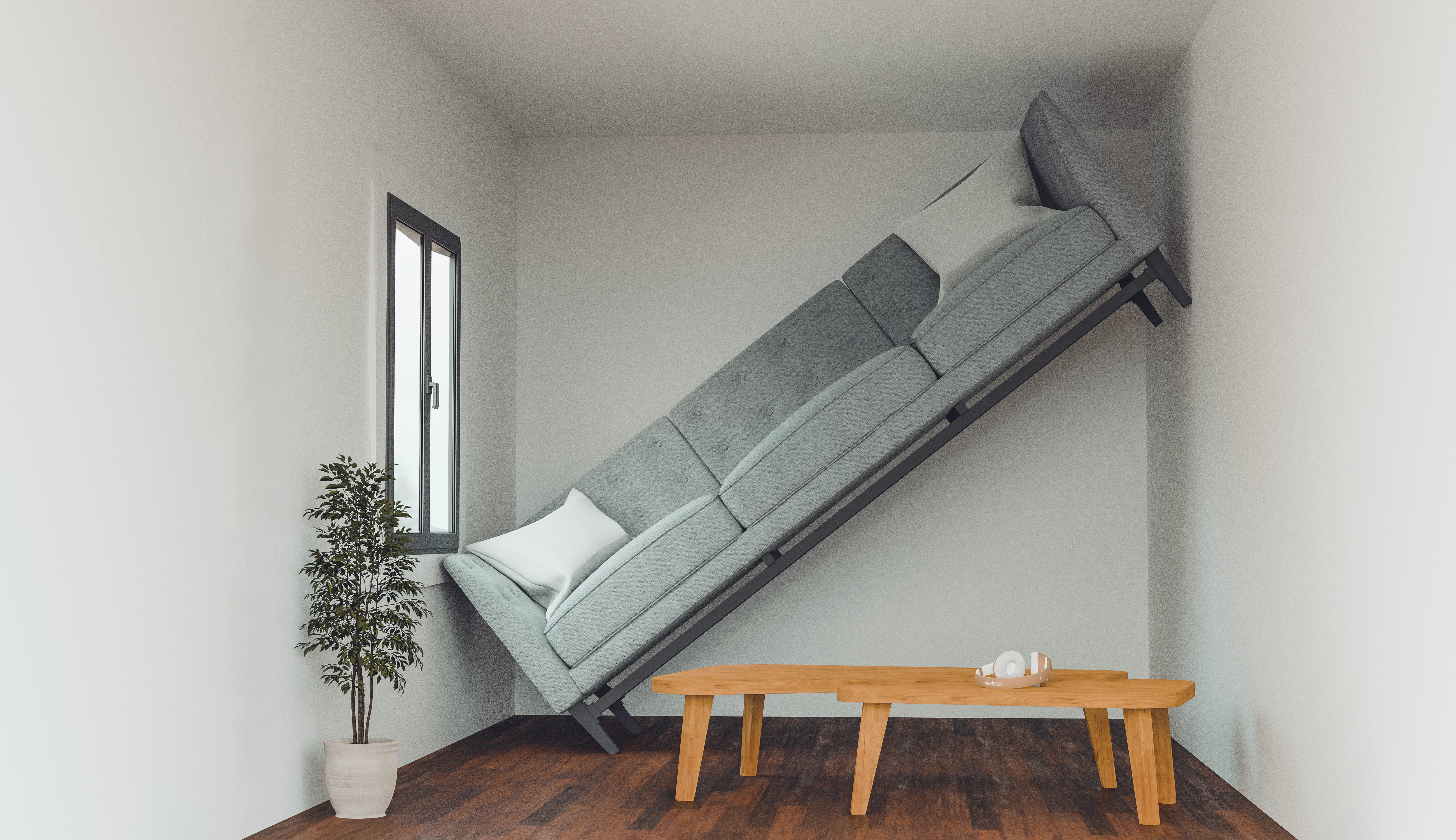 A large sofa sitting sideways in a small living room 