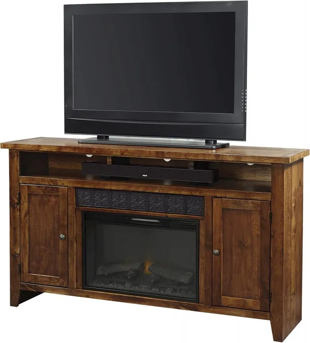 Stock image of a wooden entertainment center with electric fireplace and TV sitting on top. 