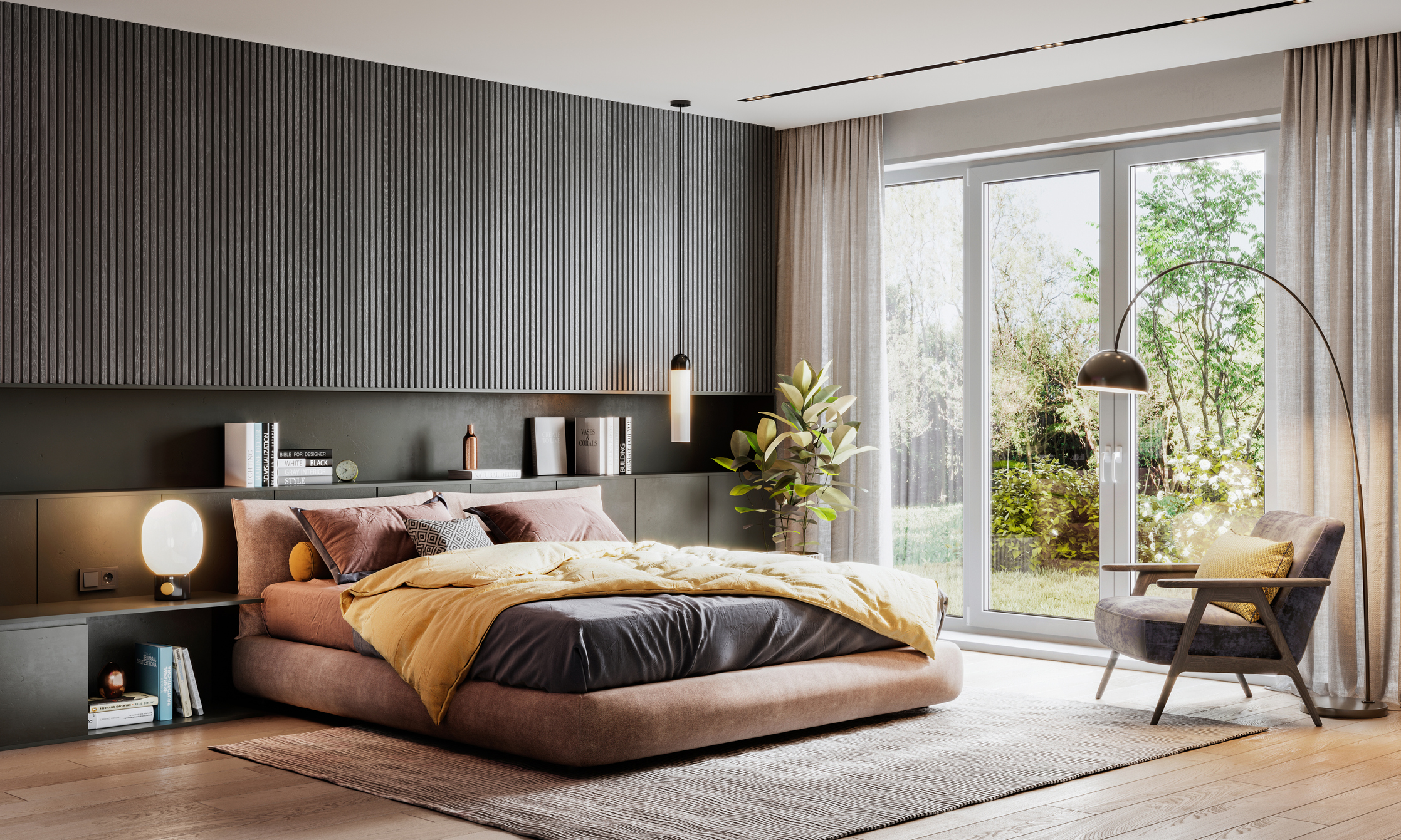 A modern bedroom featuring a bedroom chair 