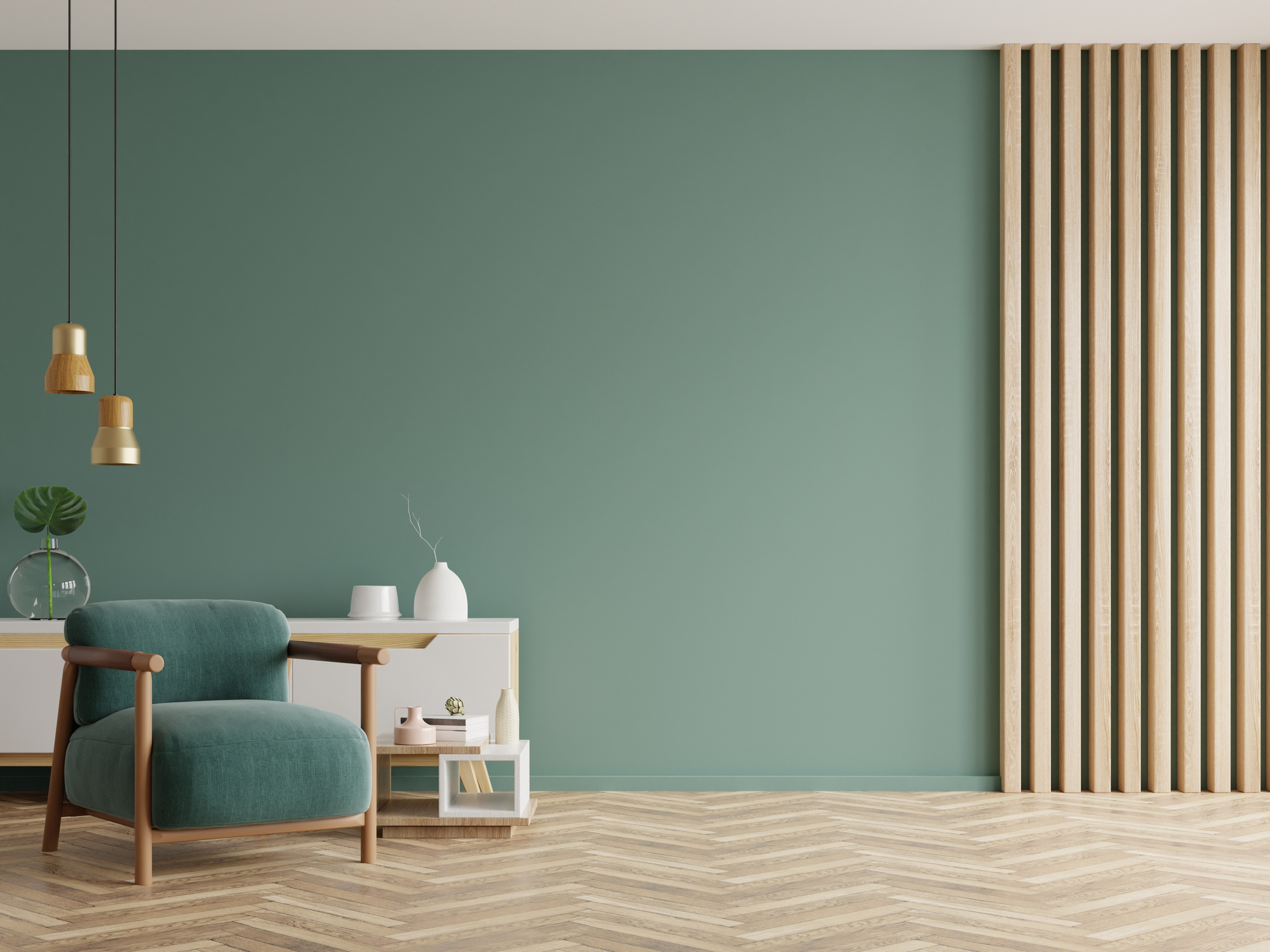 A sage green velvet and wood accent chair against a sage green wall and wooden panels 