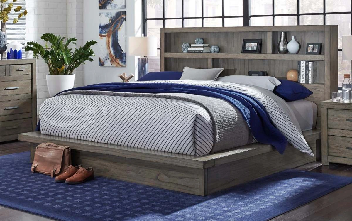 The aspenhome Modern Lofts collection bookcase bed in a bedroom 
