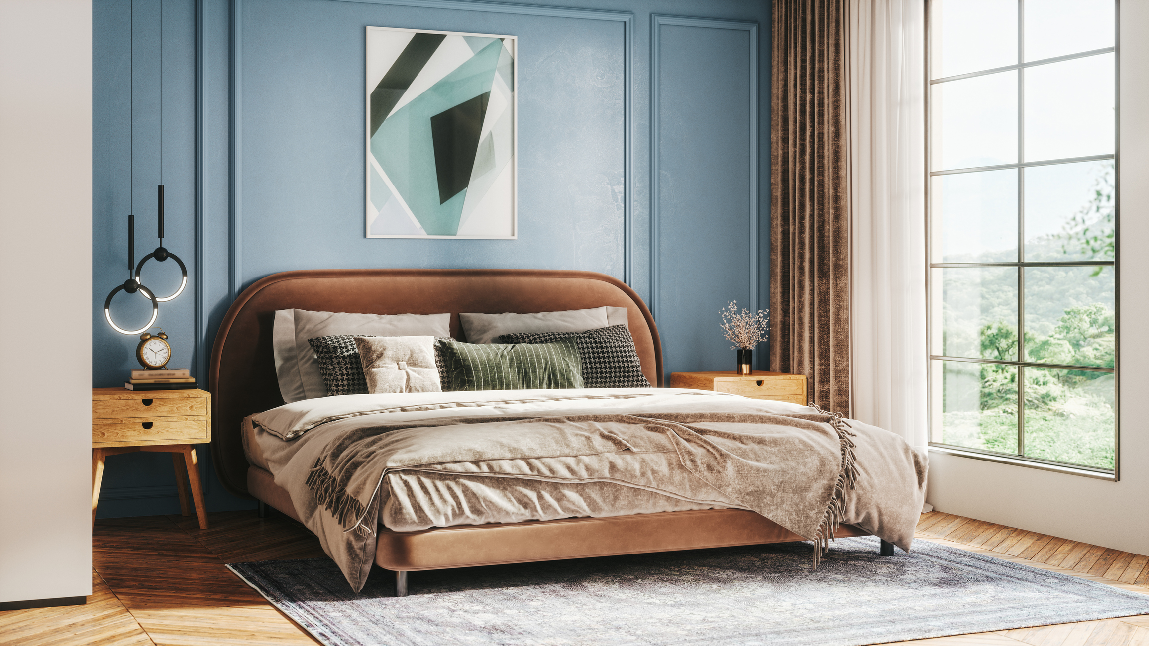 A modern bedroom with multiple colors and patterns 