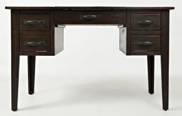 Stock photo of a dark wood desk for kids. 