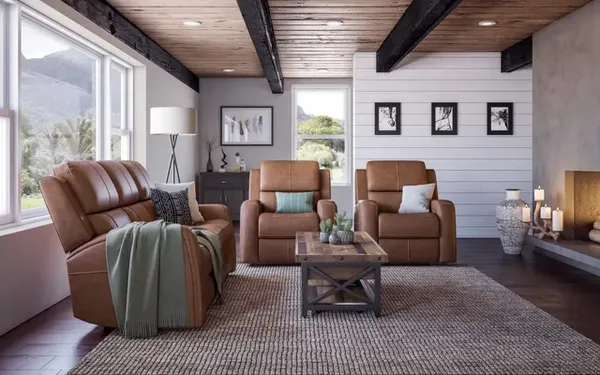 The Flexsteel Linden collection leather furniture set in a living room 