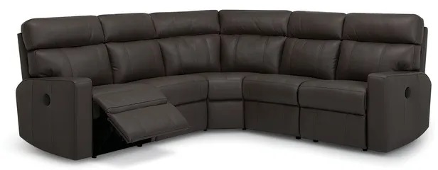 Stock photo of a gray leather sectional sofa from Palliser furniture.