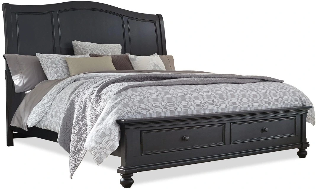 The Aspenhome Oxford black bed frame shown with bedding 