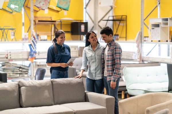A couple smiling as a furniture seller shows them a sofa 