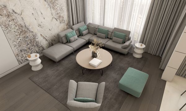 Overhead view of a living room with a sectional sofa and matching seating