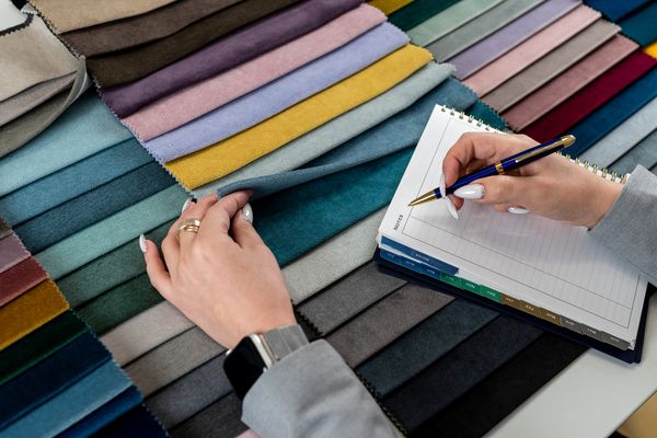 A person taking notes of upholstery samples